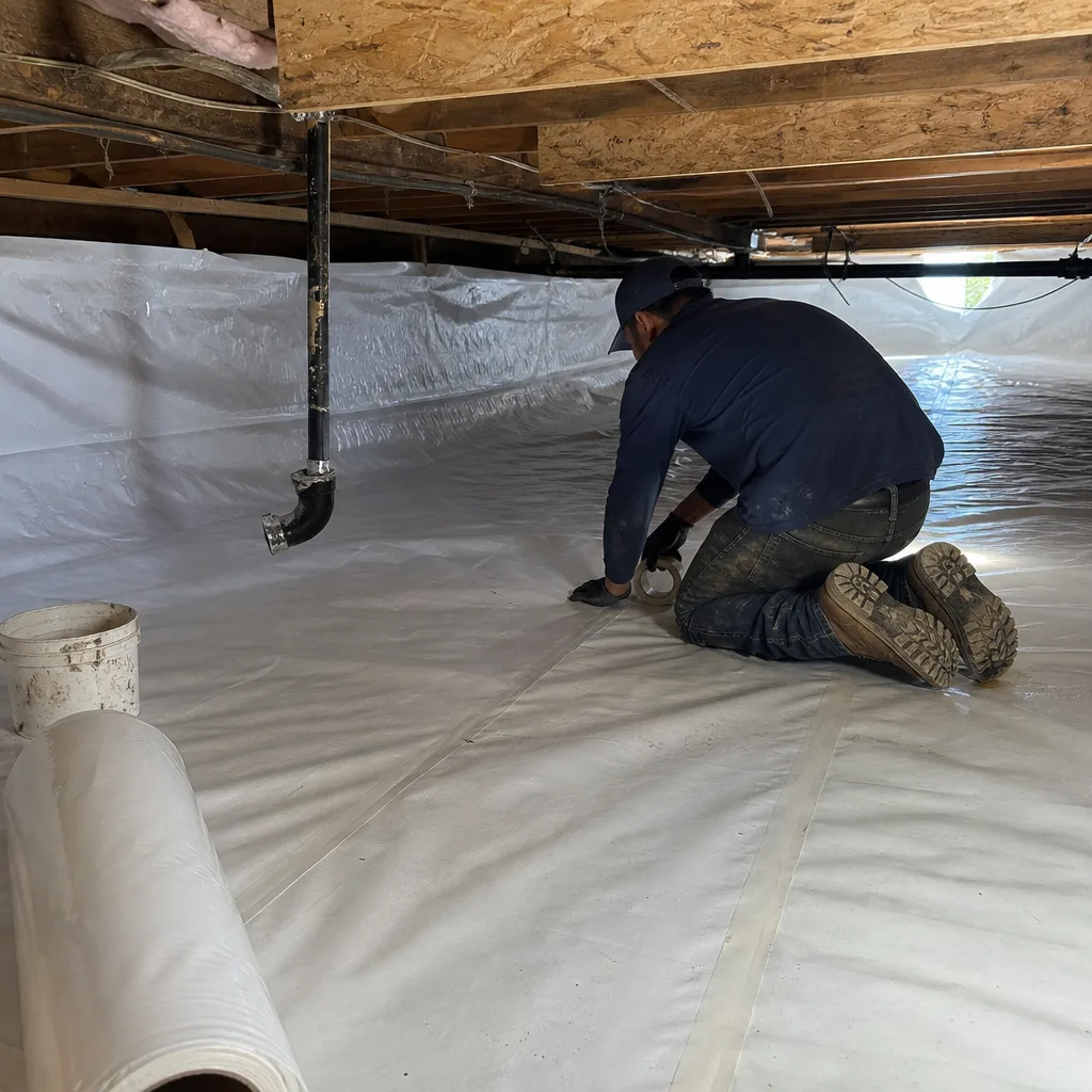 Technician installing professional crawl space vapor barrier for moisture and energy efficiency