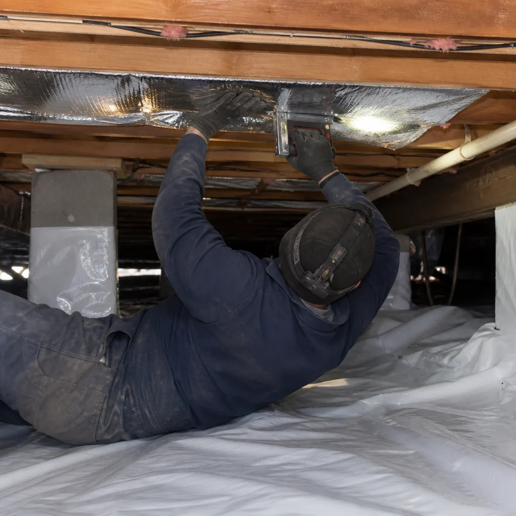 Technician installing vapor barrier insulation in a residential crawl space