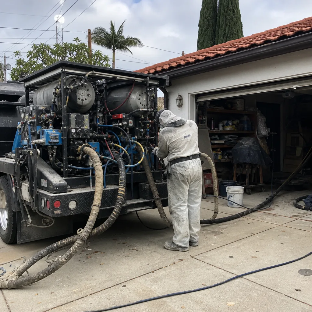 Contractor operating professional spray foam insulation rig on a residential project.