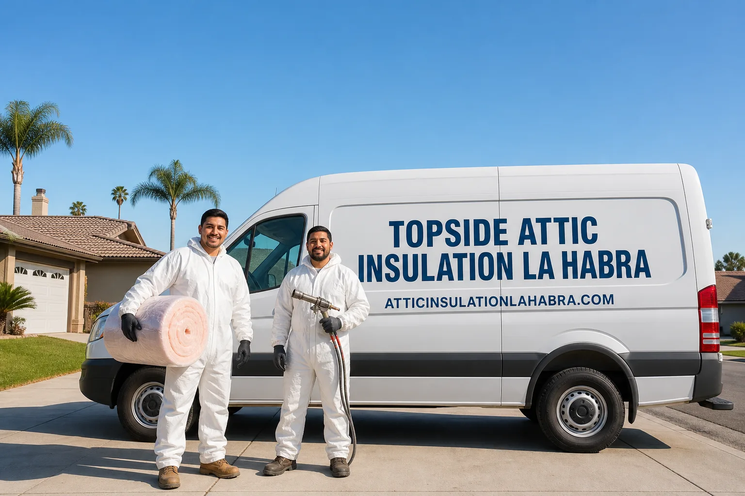 Topside Attic Insulation La Habra insulation service vehicle and crew in La Habra, CA